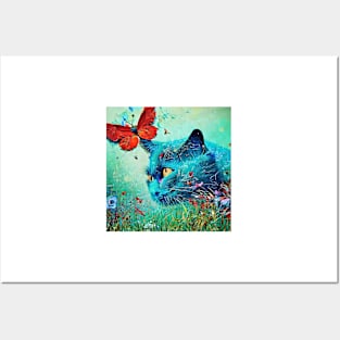 Blue cat and butterfly Posters and Art